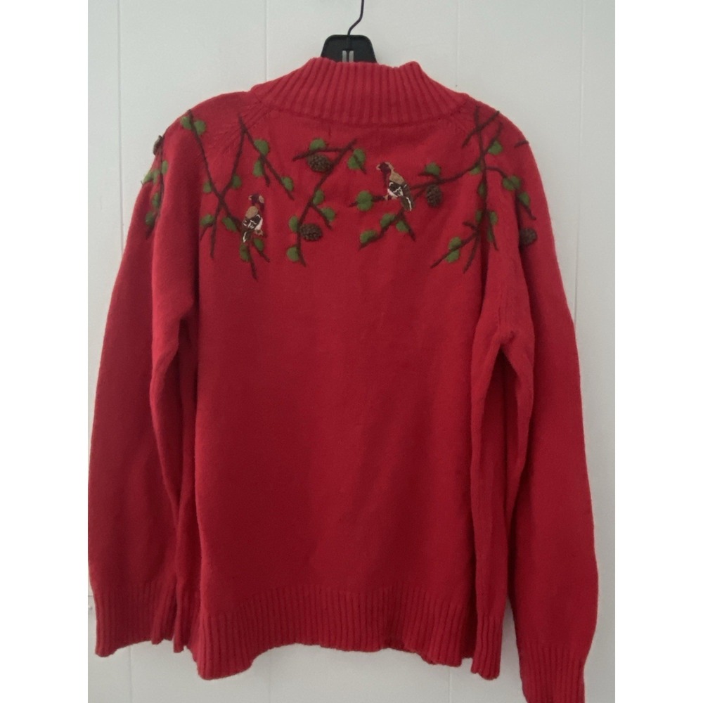 Coldwater Creek Birds & Pine Cones Cardigan Sweater Size 1X Red Embroidered Zip - Picture 4 of 6